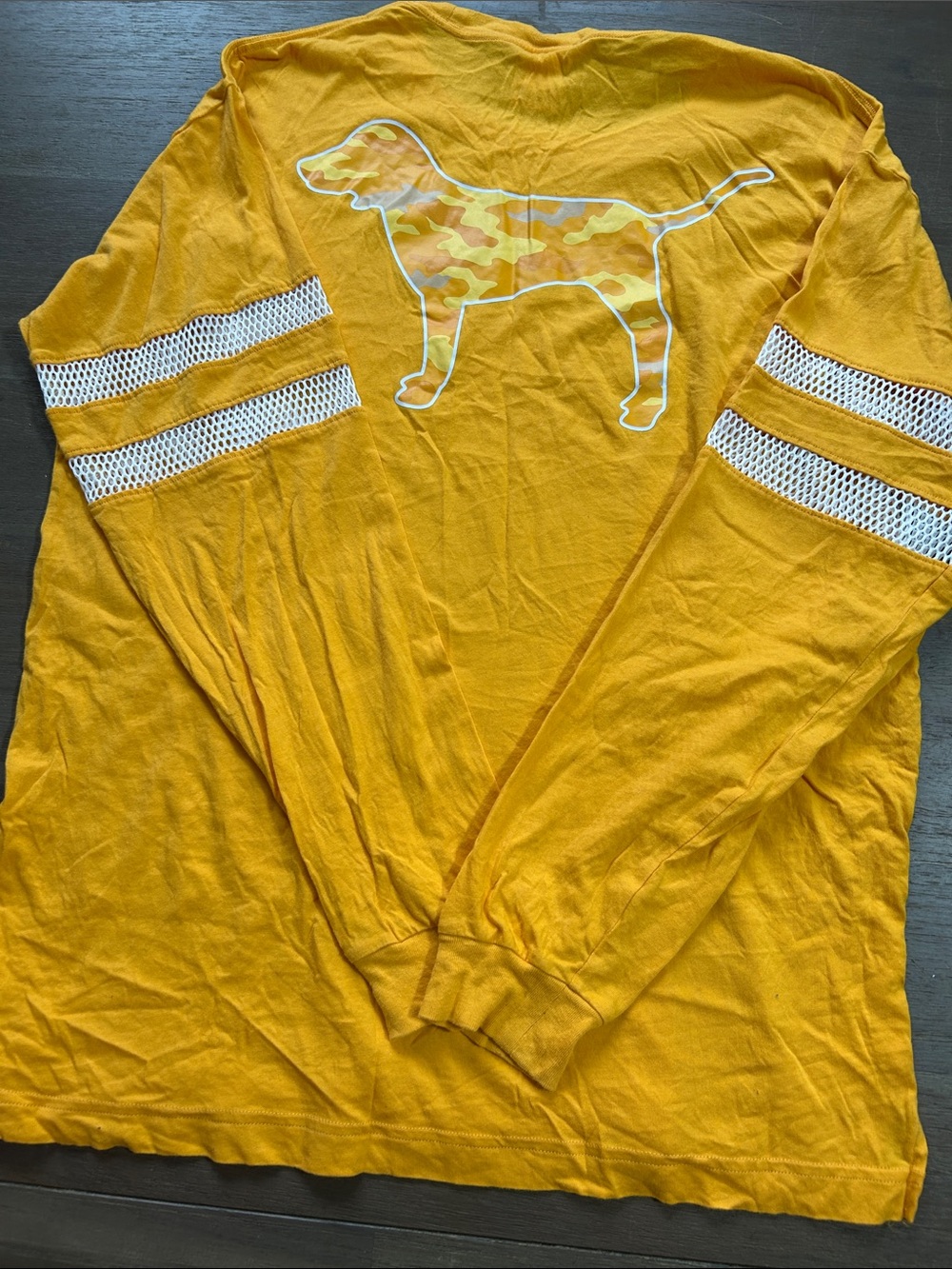 PINK Victoria's Secret Long Sleeve Gold-Yellow Mesh Stripe Tee